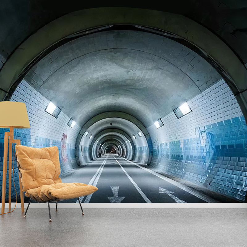 3D Effect Extensive Tunnel Mural in Grey and Blue, Industrial Wall Art for Meeting Room