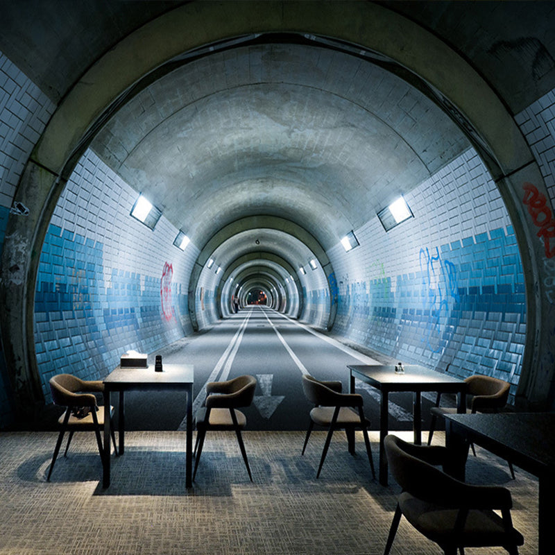 3D Effect Extensive Tunnel Mural in Grey and Blue, Industrial Wall Art for Meeting Room