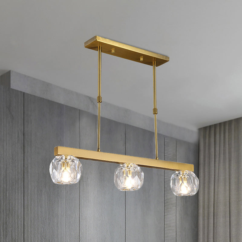 Faceted Crystal Sphere Island Pendant Light Minimalist 3/4 Lights Hanging Lamp Kit in Gold with Linear Design