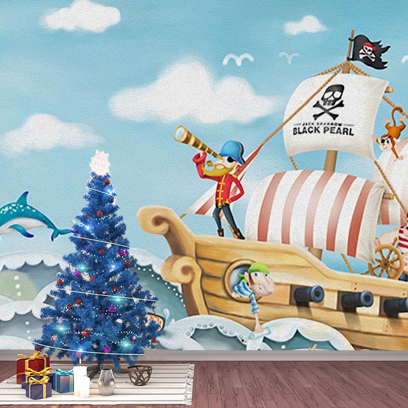 Cartoon Pirate Wall Mural Decal for Children's Bedroom, Soft Blue, Personalized Size Available