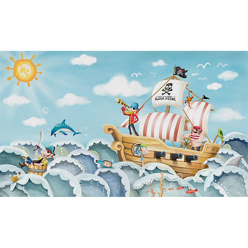 Cartoon Pirate Wall Mural Decal for Children's Bedroom, Soft Blue, Personalized Size Available