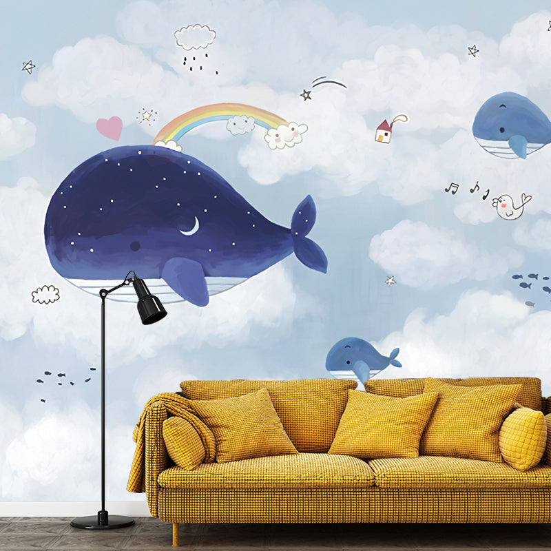Blue and White Whale Mural Wallpaper Water-Resistant Wall Covering for Boy or Girl