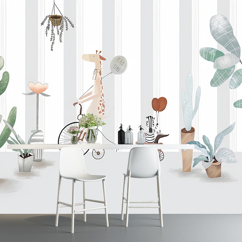 Cute Cactus Mural Wallpaper for Children's Bedroom, Green and Grey, Personalized Size Available