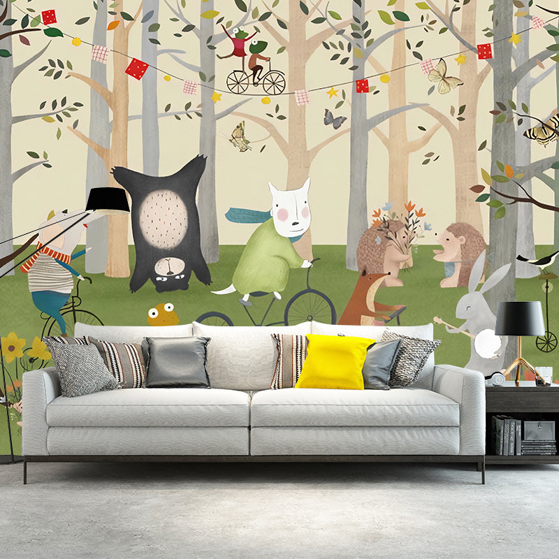 Fresh Animal and Forest Mural for Boy or Girl, Custom-Made Wall Covering in Beige and Green