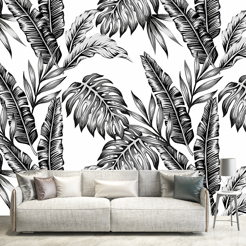 Full Size Minimalist Wall Decor in Black and White Tropical Leaves Mural Wallpaper, Made to Measure