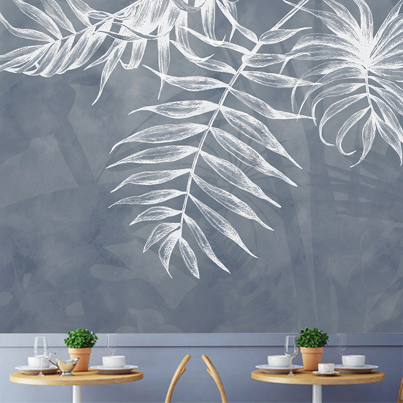Nordic Leaves Wall Mural in Grey and White, Minimalist Wall Covering for Accent Wall