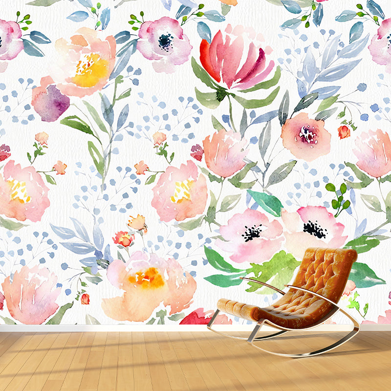 Illustration aquarelles de fleurs murales pour décoration de salon en rose tendre, réalisées sur mesure
