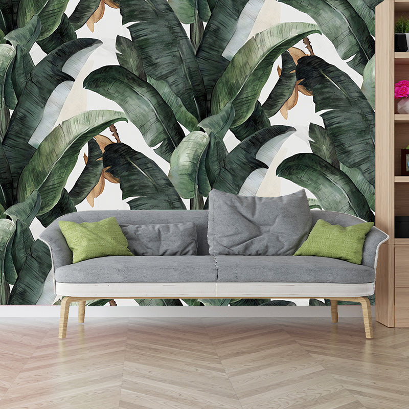 Tropical Banana Leaves Mural Wallpaper for Living Room Decoration, Green and White, Custom-Printed