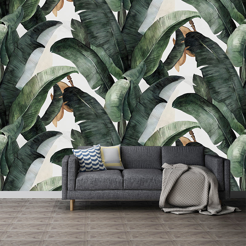 Tropical Banana Leaves Mural Wallpaper for Living Room Decoration, Green and White, Custom-Printed