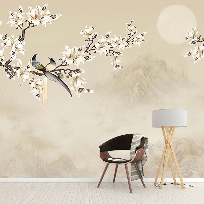 Asia Inspired Magnolia Wall Mural for Accent Wall, Personalized Size Wall Decor in Pastel Brown