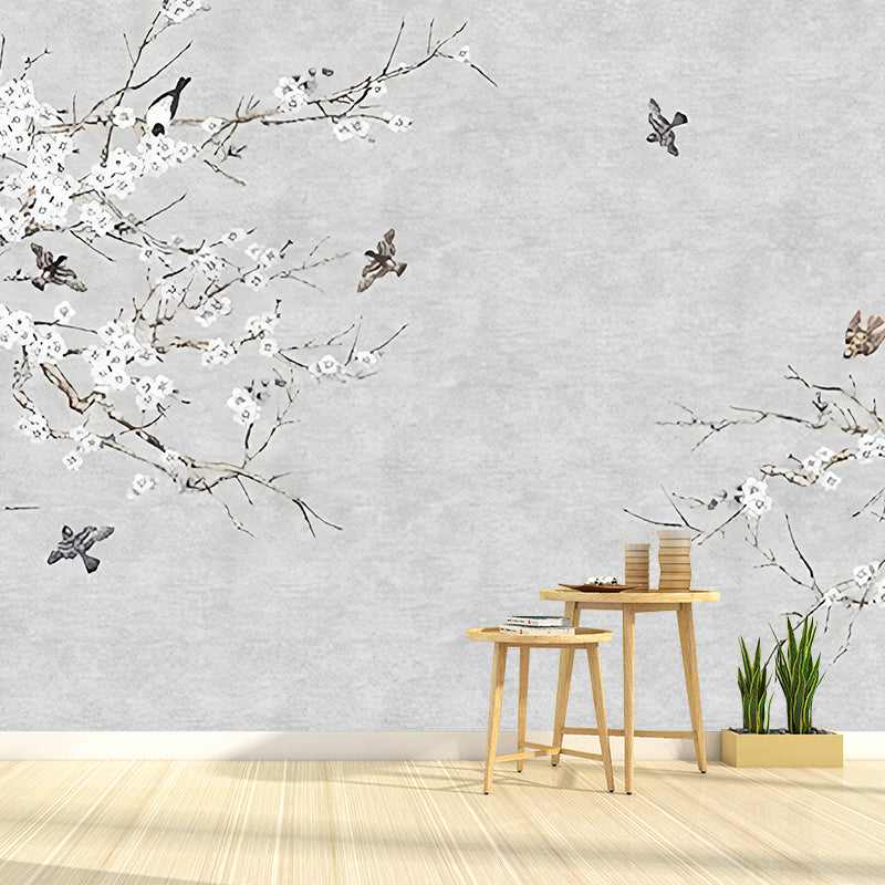 Enormous Branch and Bird Mural Wallpaper for Accent Wall in Grey, Stain-Resistant