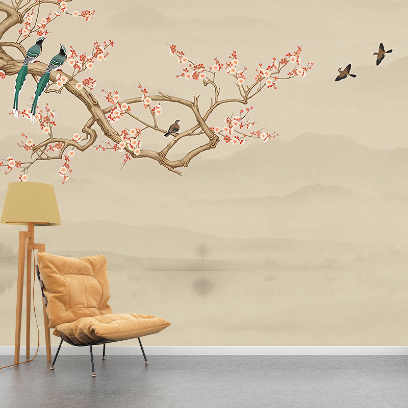Waterproofing Bird and Blossoms Mural Wallpaper Traditional Wall Covering for Living Room
