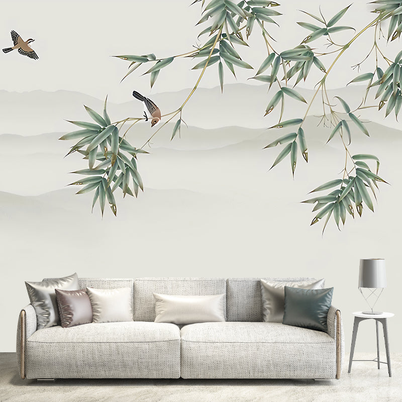Minimalist Bamboo Leaf Wall Decor for Accent Wall, Custom Size Wall Mural in Green and White