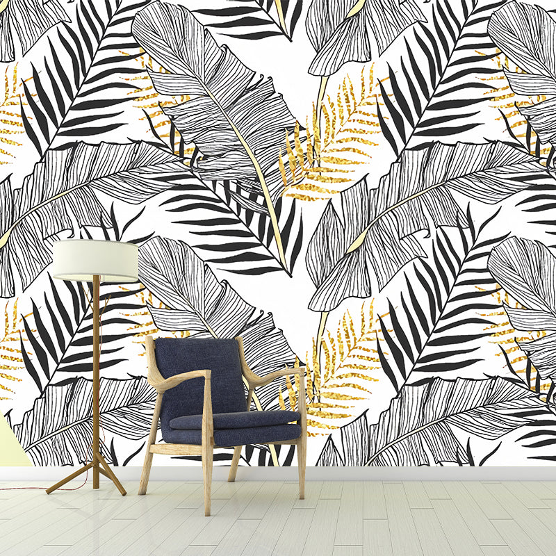 Large Illustration Banana Leaves Mural Wallpaper for Accent Wall in Grey, Personalized Size Available