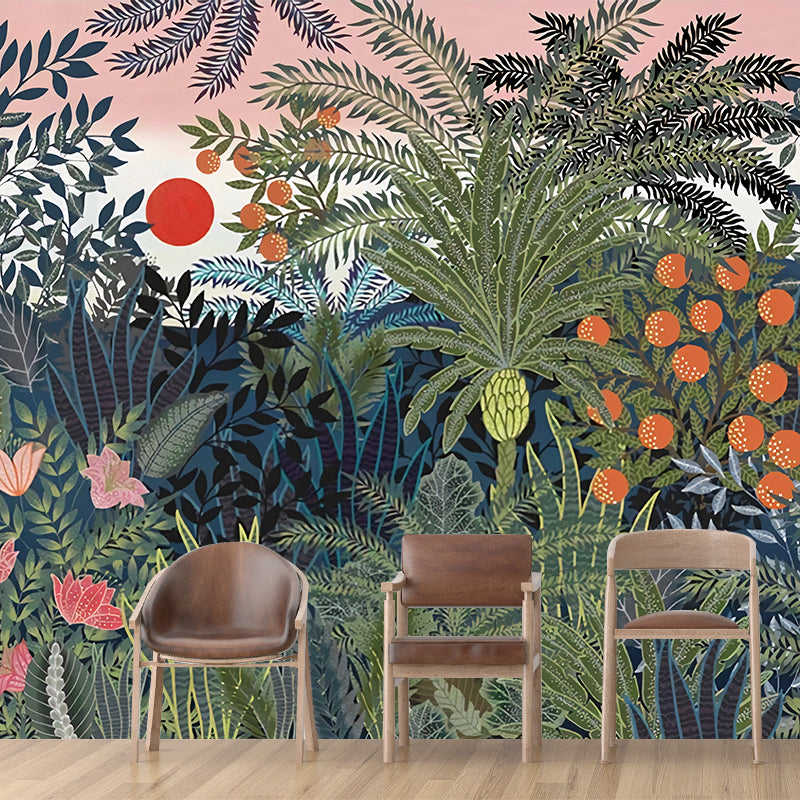 Whole Illustration Nordic Wall Mural for Bedroom Decor with Jungle and Sun Pattern in Green