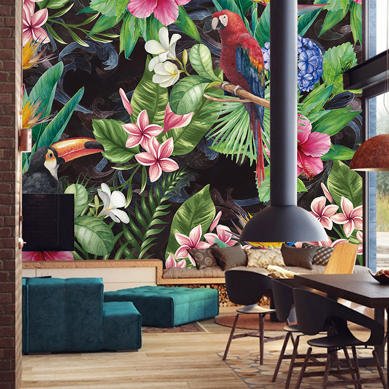 Modern Blossoms and Bird Mural in Green and Red Guest Room Wall Art, Custom-Made