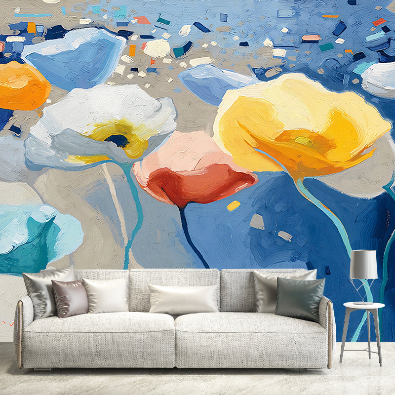Full Size Illustration Simple Mural for Bedroom with Watercolors of Flower Design in Neutral Color