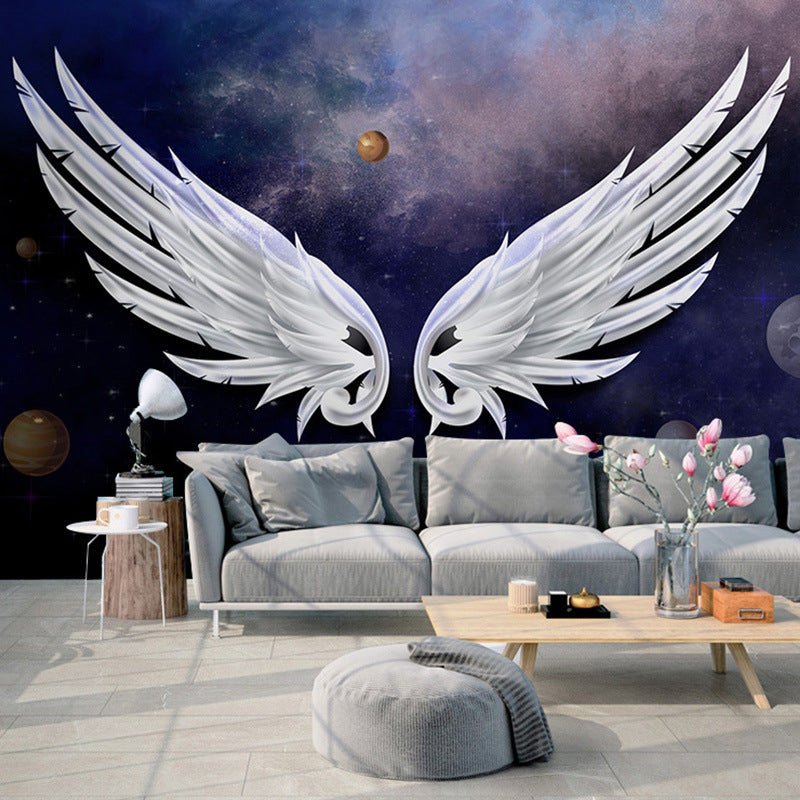 Feather and Wing Wall Covering in Purple and White, Original Wall Art for Bar Decoration