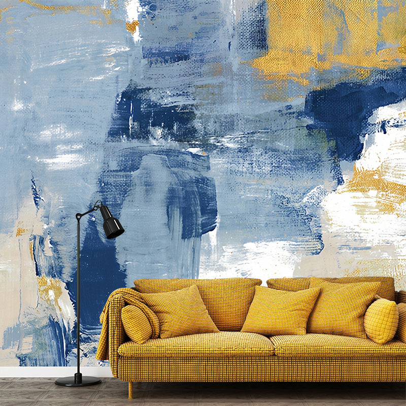 Vinilo Mural Original de Acuarelas para Cafetería, Azul y Amarillo, Hecho a Medida