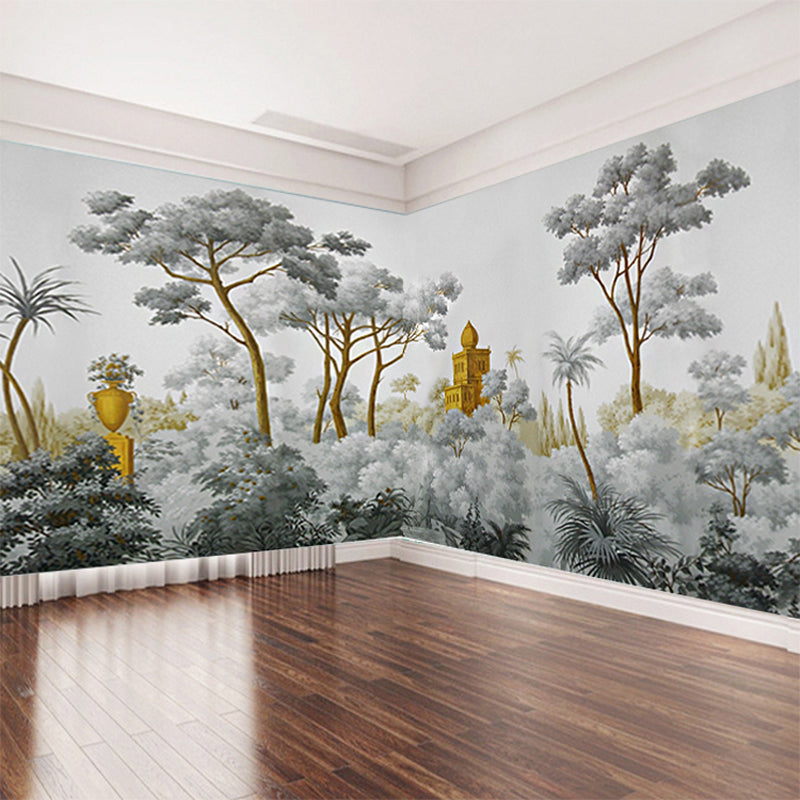 Simple Castle and Tree Mural Wallpaper for Home Decoration, Extra Large Wall Art in Grey and Green