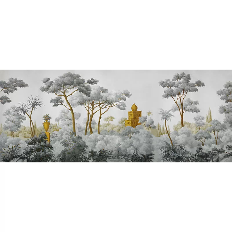 Simple Castle and Tree Mural Wallpaper for Home Decoration, Extra Large Wall Art in Grey and Green