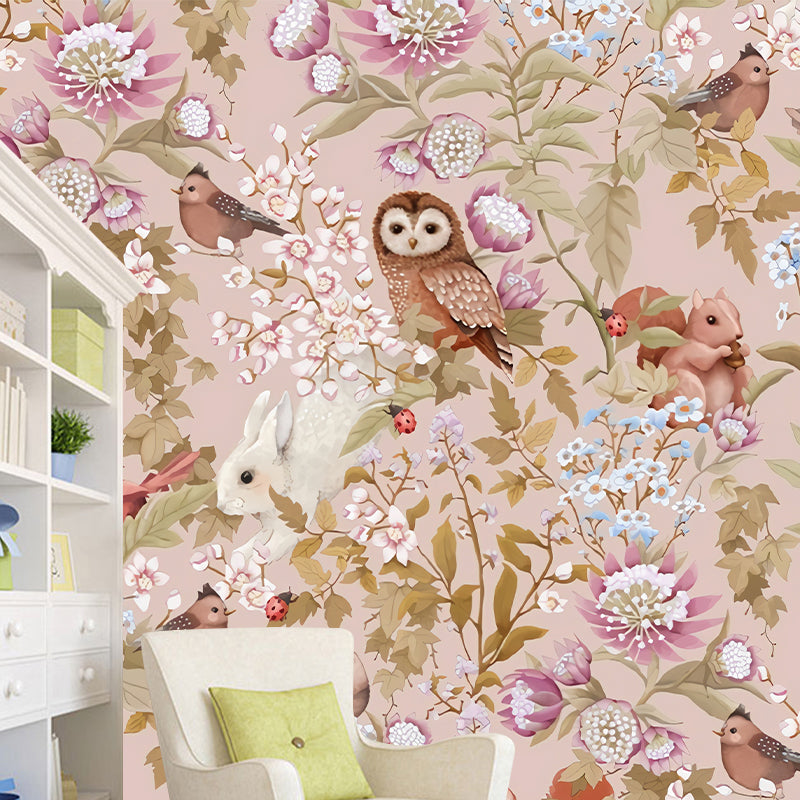 Cute Owl and Squirrel Mural Wallpaper for Girl's Bedroom, Pastel Pink, Made to Measure