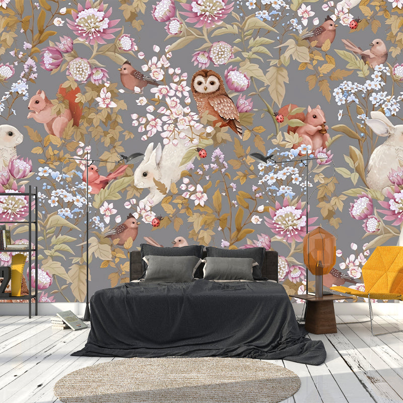 Cute Owl and Squirrel Mural Wallpaper for Girl's Bedroom, Pastel Pink, Made to Measure