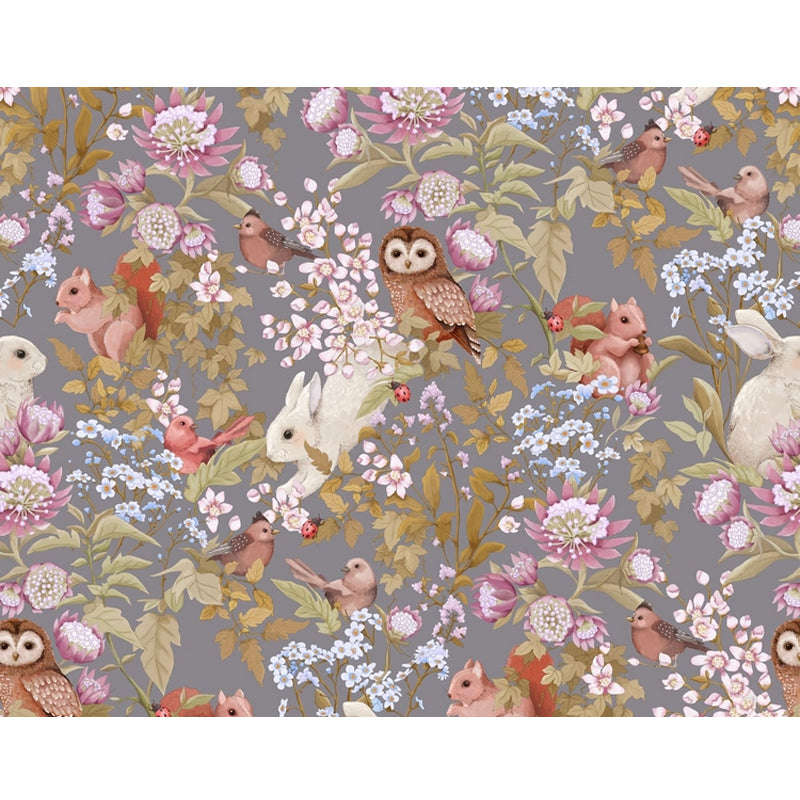Cute Owl and Squirrel Mural Wallpaper for Girl's Bedroom, Pastel Pink, Made to Measure