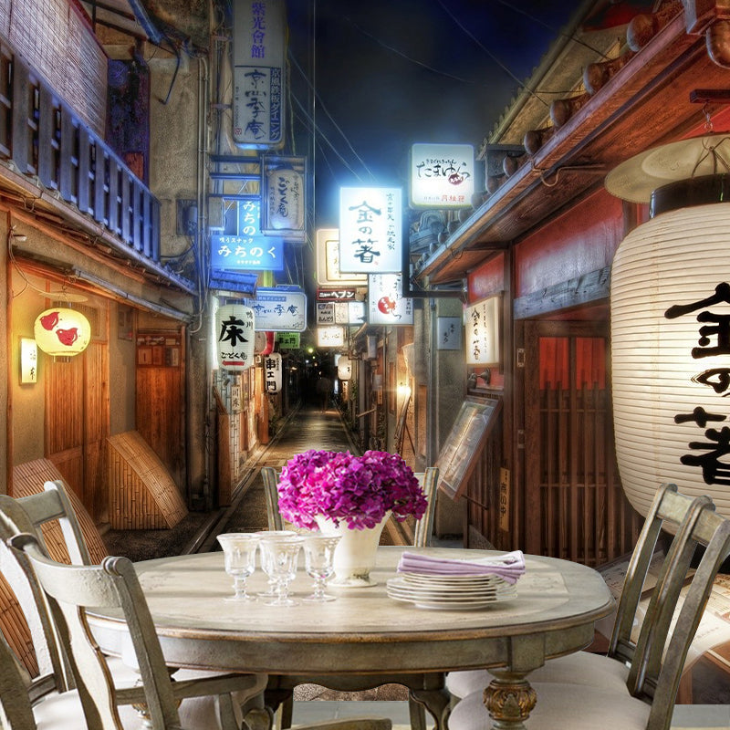 Traditional 3D Street Wall Art for Japanese Restaurant Decoration, Custom-Printed Wall Mural in Red and Brown