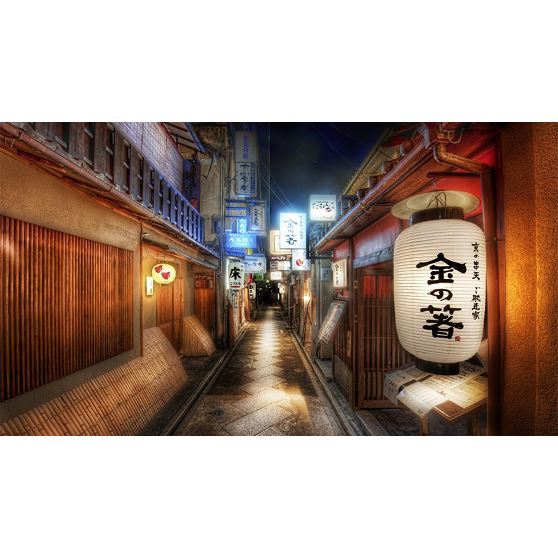 Traditional 3D Street Wall Art for Japanese Restaurant Decoration, Custom-Printed Wall Mural in Red and Brown