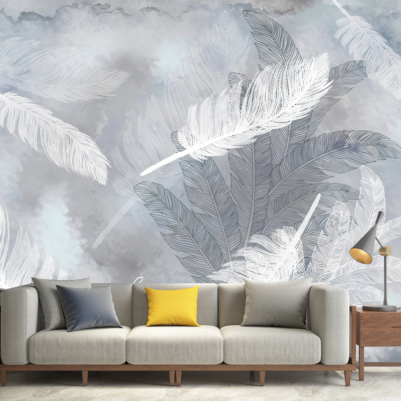 Feather Mural Wallpaper in Pastel Grey, Minimalist Wall Covering for Guest Room Decoration