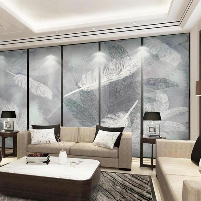 Feather Mural Wallpaper in Pastel Grey, Minimalist Wall Covering for Guest Room Decoration