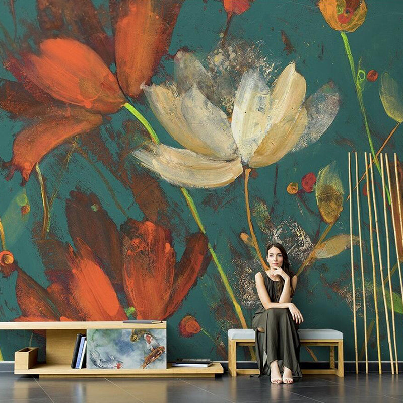 Extra Large Retro Mural Wallpaper in Orange and Green Blossoms Wall Art, Made to Measure