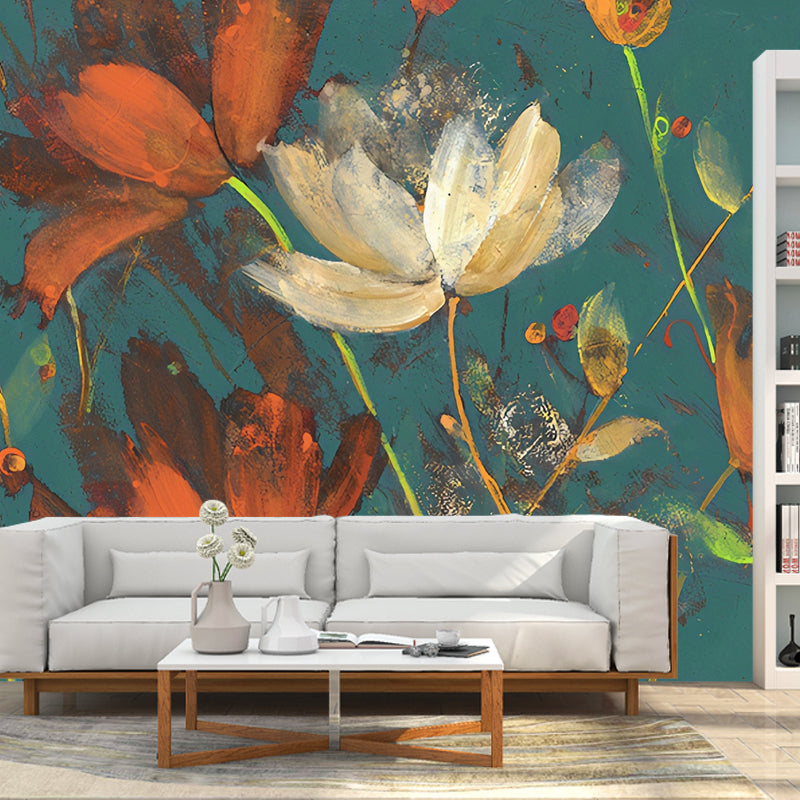 Extra Large Retro Mural Wallpaper in Orange and Green Blossoms Wall Art, Made to Measure