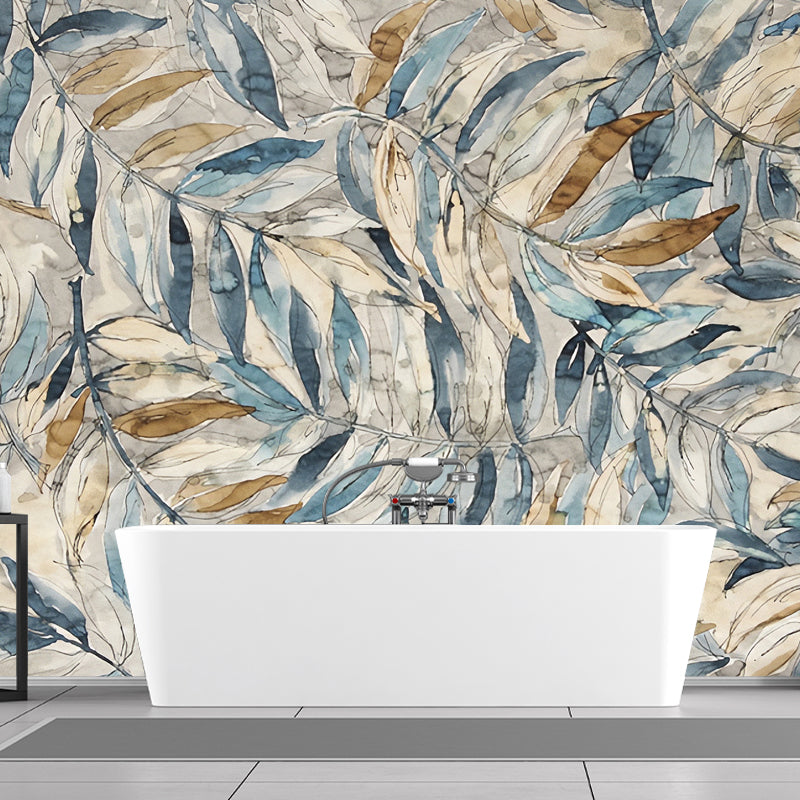 Watercolors of Leaves Mural Wallpaper for Home Decoration, Grey and Blue, Made to Measure
