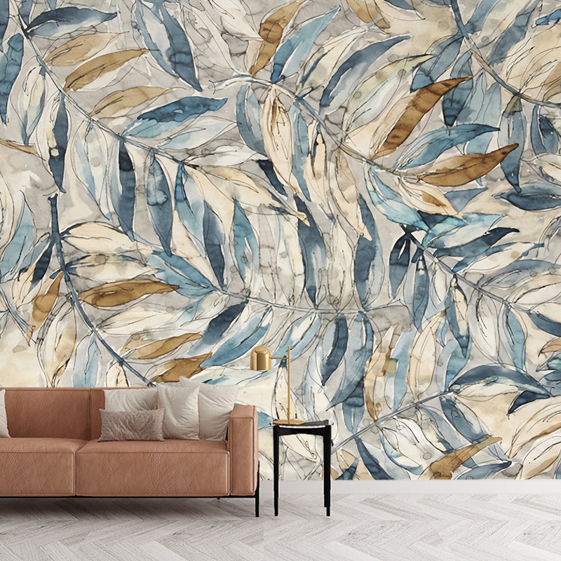 Papier peint mural aquarelles de feuilles pour la décoration de la maison, gris et bleu, sur mesure