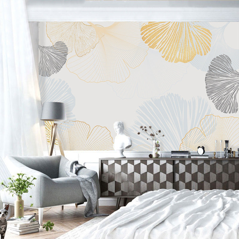 Ginkgo Wall Mural Decal in Blue and Yellow, Nordic Wall Covering for Living Room Decoration