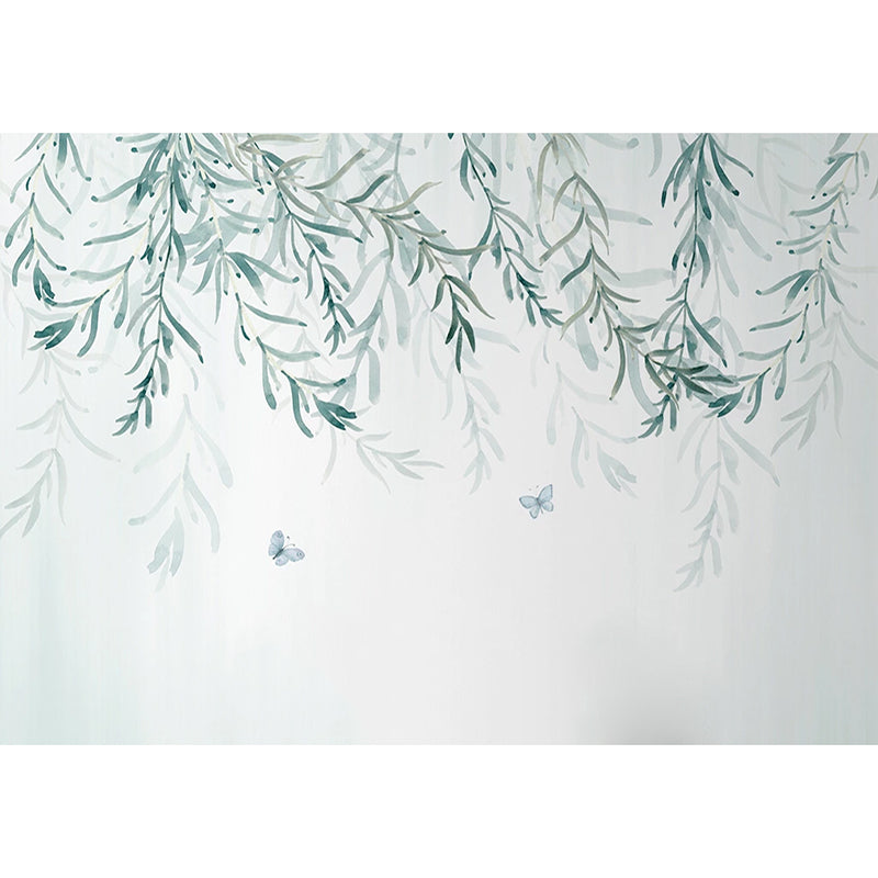 Custom Illustration Nordic Mural Wallpaper for Home Decoration with Willow Tree Design in Green and White