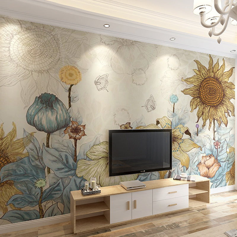 Decorative Sunflower Mural Wallpaper Non-Woven Fabric Nostalgic Wall Covering for Dining Room Decor