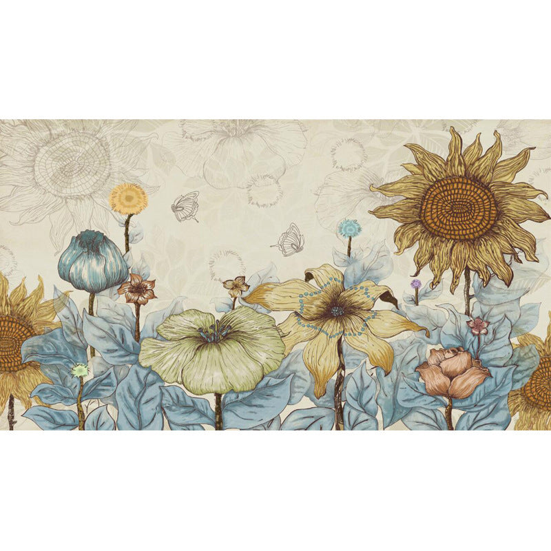 Decorative Sunflower Mural Wallpaper Non-Woven Fabric Nostalgic Wall Covering for Dining Room Decor