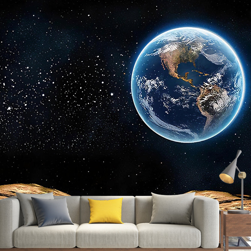 Big Planet Wall Mural Decal in Blue and Black Non-Woven Fabric Wall Covering for Home Decor, Custom-Printed