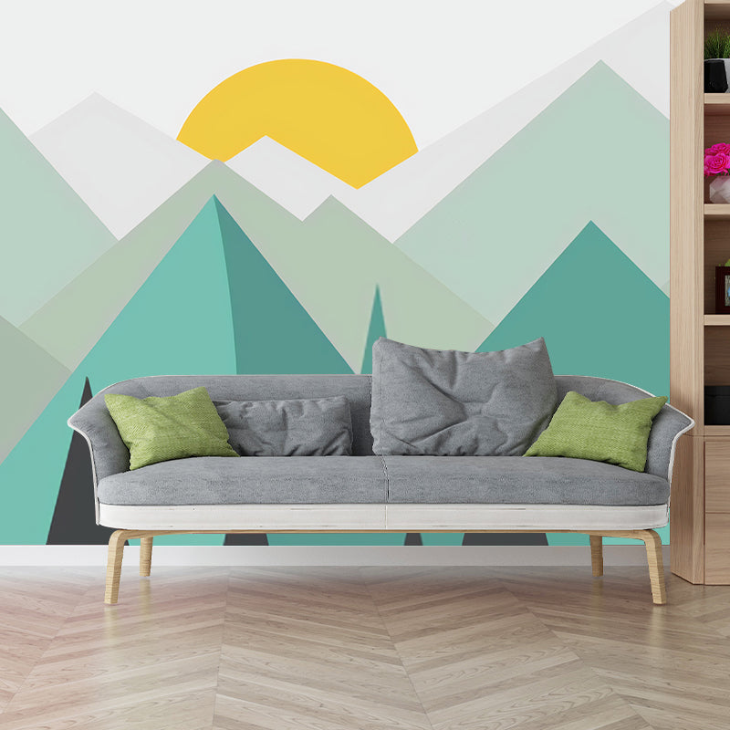 Big Illustration Simple Wall Mural Decal for Living Room with Mountain and Sunrise in Green and Yellow