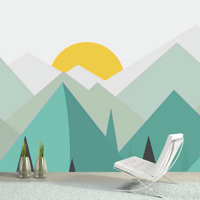 Big Illustration Simple Wall Mural Decal for Living Room with Mountain and Sunrise in Green and Yellow