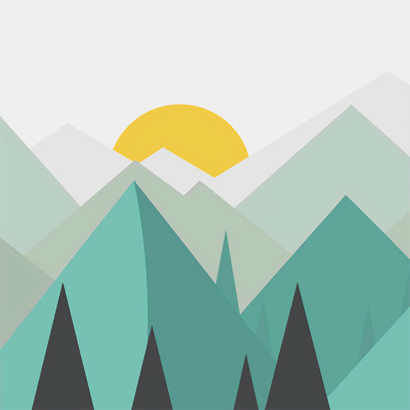 Big Illustration Simple Wall Mural Decal for Living Room with Mountain and Sunrise in Green and Yellow