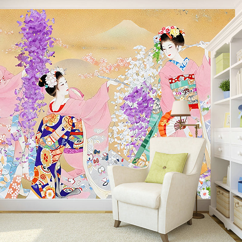 Oriental Beauty Wall Mural Decal in Yellow Living Room Wall Covering, Made to Measure