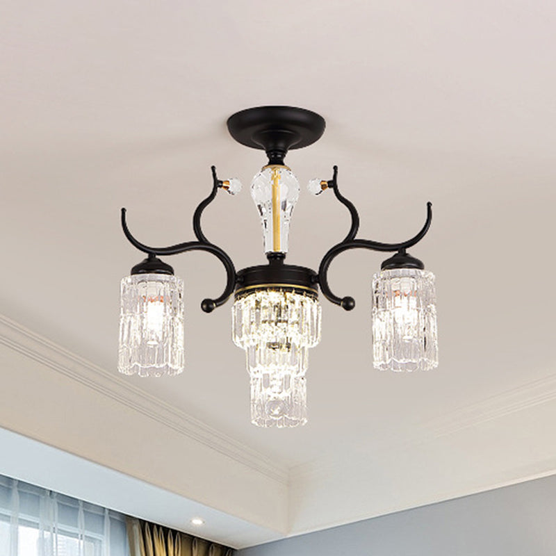 Cylindrical Bedroom Semi Flush Chandelier Contemporary Crystal 3/6 Heads Black Ceiling Mount Lamp