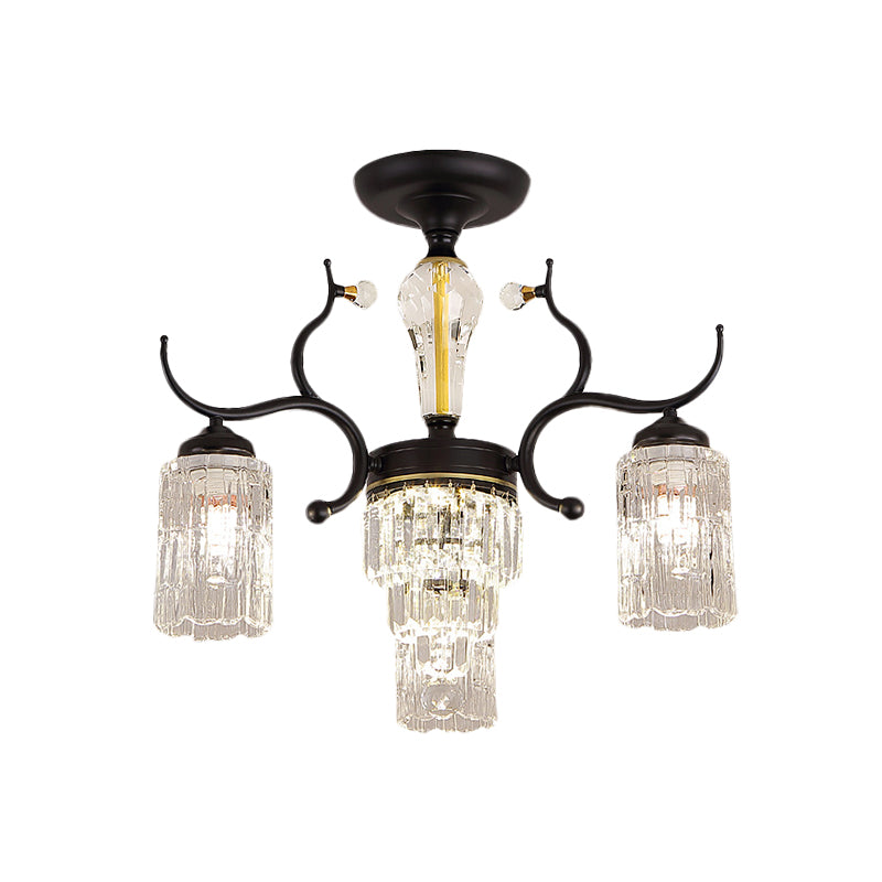 Cylindrical Bedroom Semi Flush Chandelier Contemporary Crystal 3/6 Heads Black Ceiling Mount Lamp
