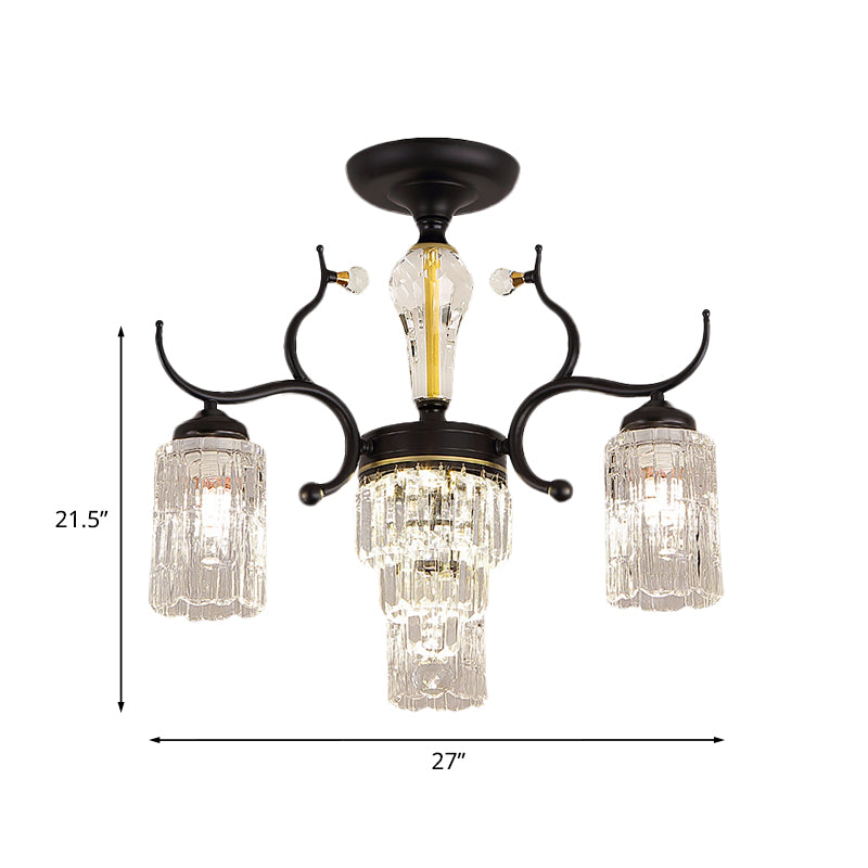 Cylindrical Bedroom Semi Flush Chandelier Contemporary Crystal 3/6 Heads Black Ceiling Mount Lamp