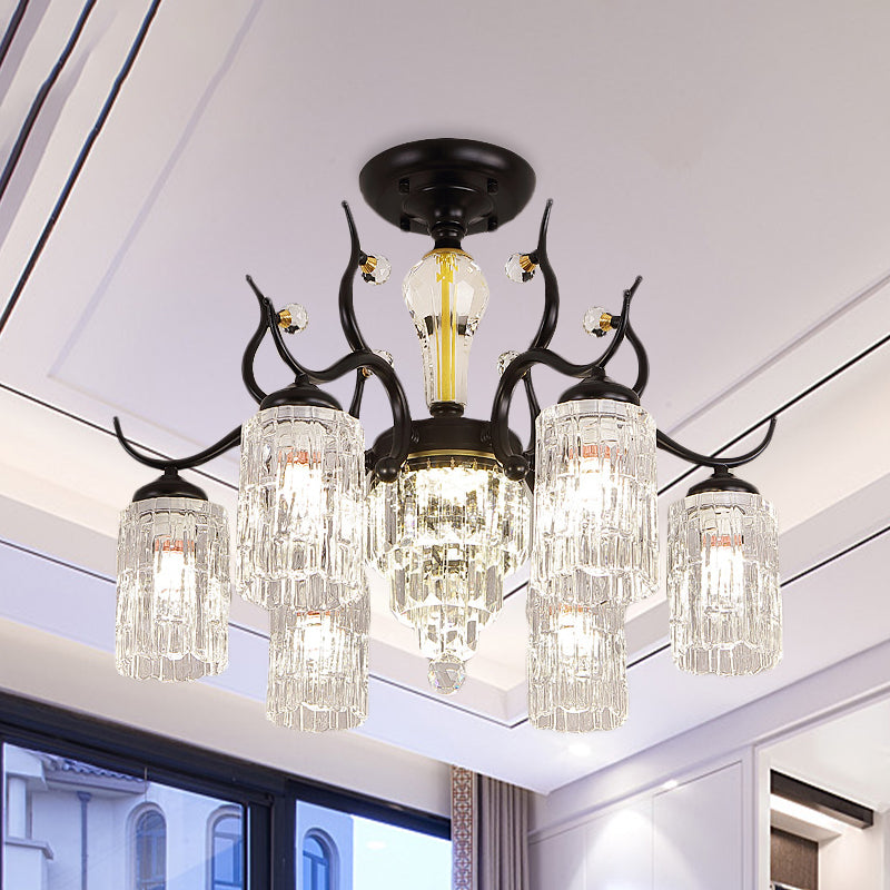 Cylindrical Bedroom Semi Flush Chandelier Contemporary Crystal 3/6 Heads Black Ceiling Mount Lamp