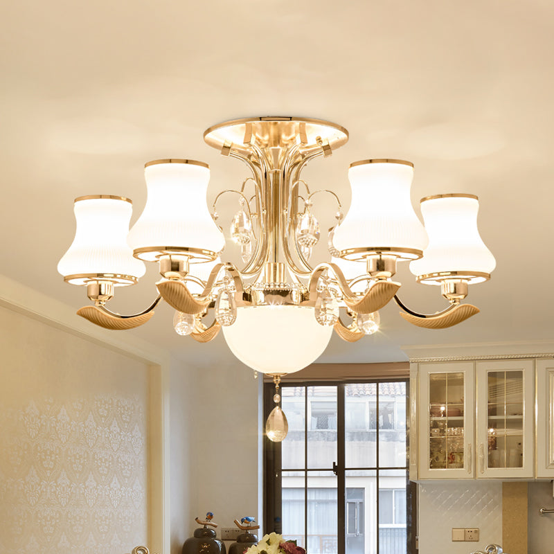 3/6 Bulbs Milk Glass Semi Mount Lighting Traditional Gold Pear Shaped Bedroom Close to Ceiling Light